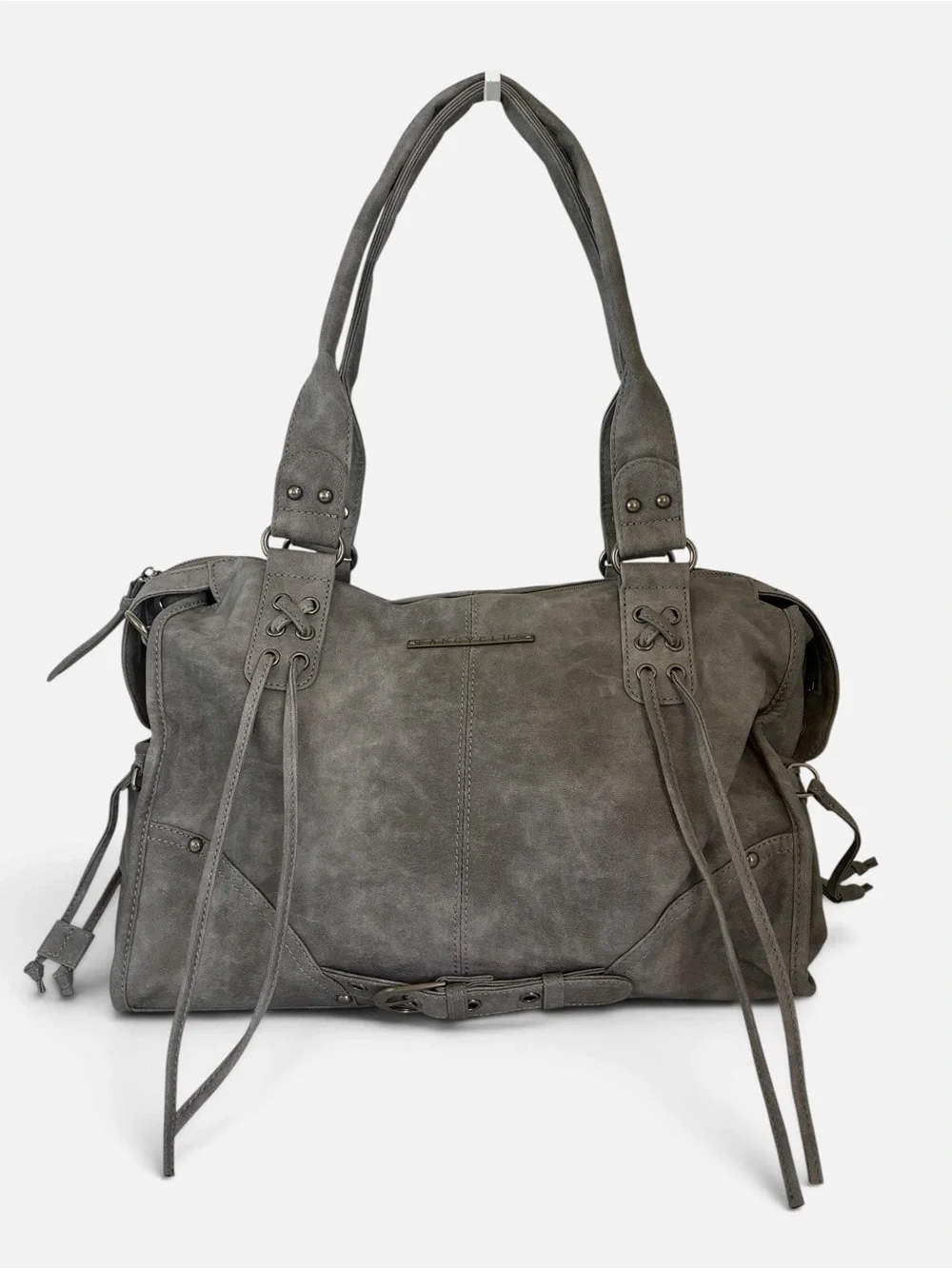Gray Leather Large Shoulder Tote Bag Lace-Up Stud Detail – New Without Tags